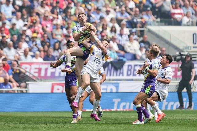 Ethan Ryan of Bradford Bulls wins the highball during the Betfred Super League Magic Weekend match Leeds Rhinos vs Bradford Bulls at Hill Dickinson Stadium, Liverpool, United Kingdom on 05 July 2026

(Photo by Mark Cosgrove/News Images)