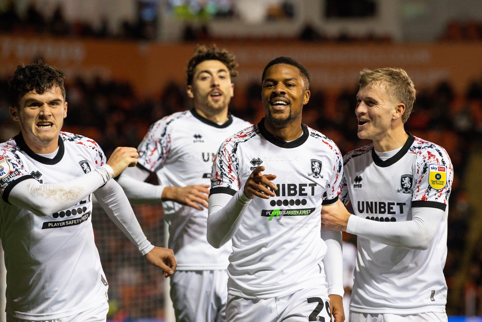 Chuba Akpom #29 of Middlesbrough celebrates his goal to make it  0-3 during the Sky Bet Championship match Blackpool vs Middlesbrough at Bloomfield Road, Blackpool, United Kingdom, 8th November 2022

(Photo by Craig Thomas/News Images)