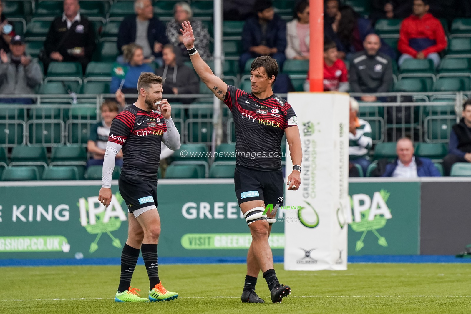 Michael Rhodes #6 of Saracens receives a red card for a dangerous tackle