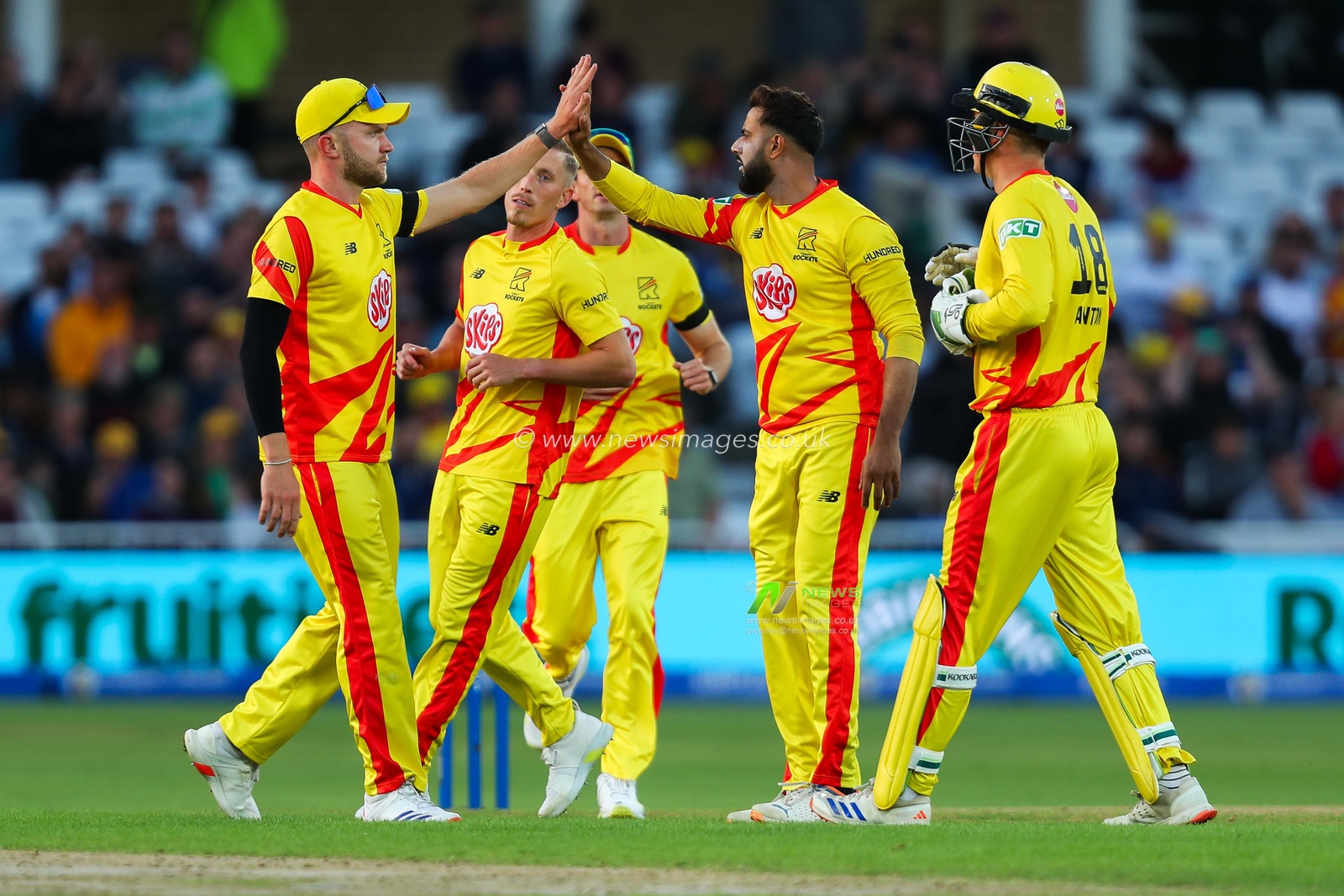 Imad Wasim of Trent Rockets celebrates with teammates after the dismissal of Ollie Pope of London Spirit during the The Hundred match Trent Rockets vs London Spirit at Trent Bridge, Nottingham, United Kingdom, 7th August 2024

(Photo by Izzy Poles/News Images)