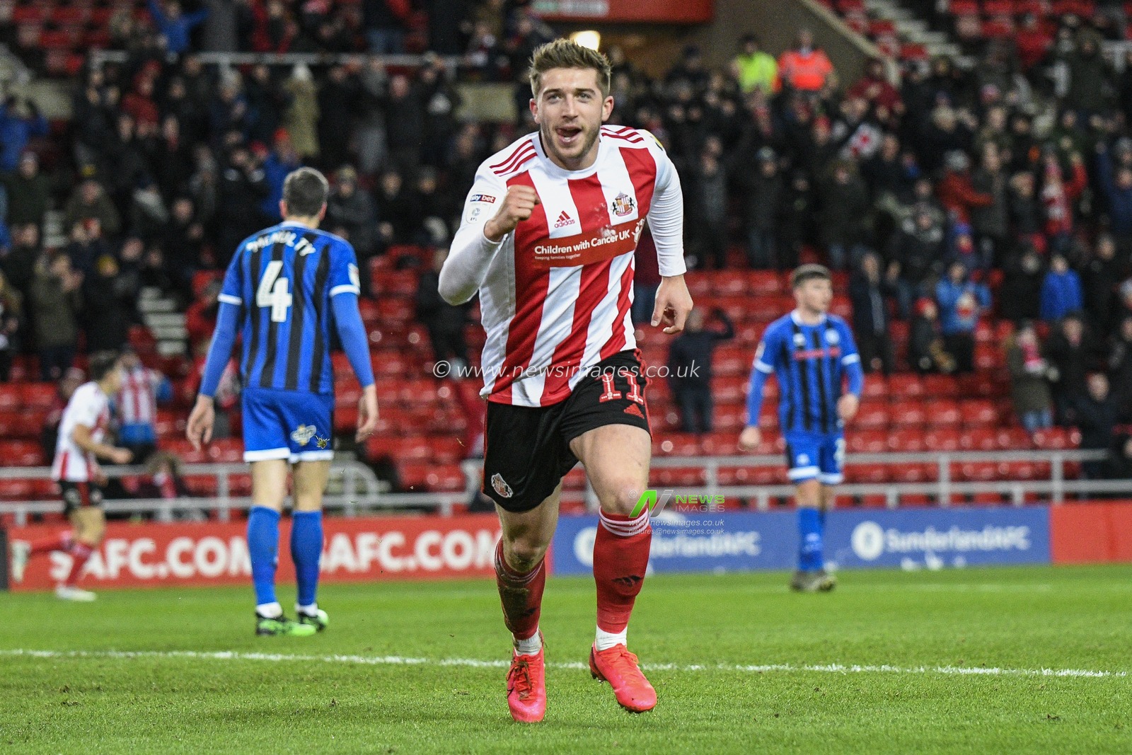 11th February 2020, Stadium Of Light, Sunderland, England; Sky Bet League 1, Sunderland v Rochdale : Lynden Gooch (11) of Sunderland celebrates his goal to make it 1-0