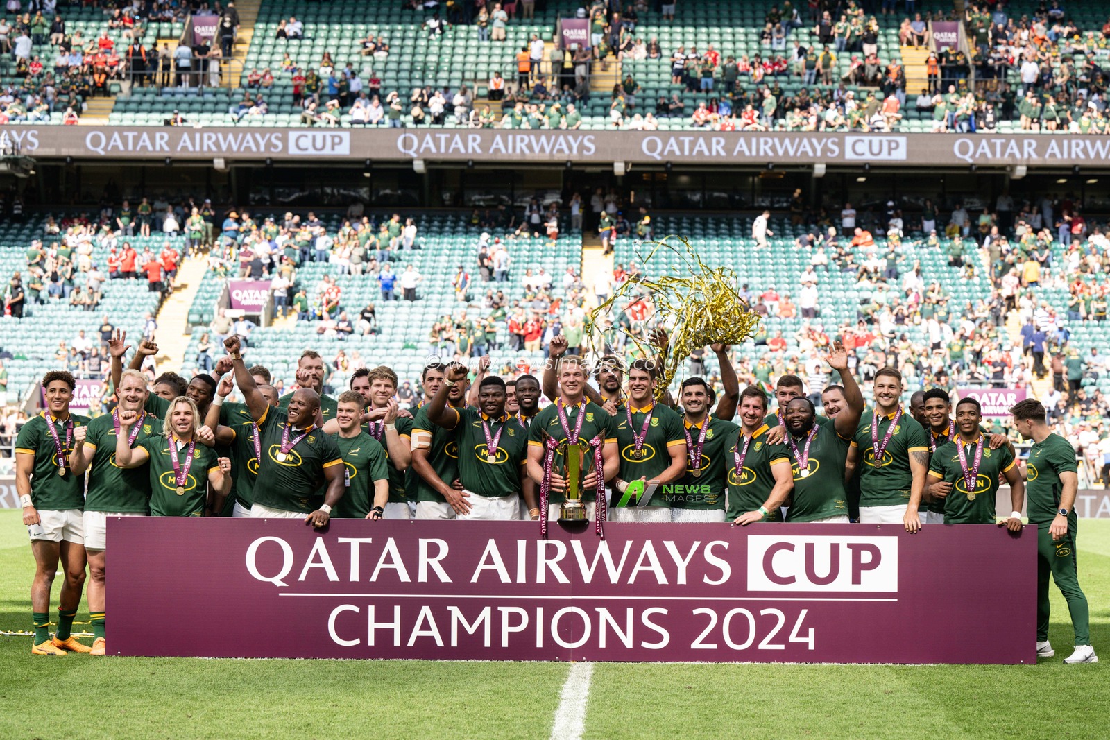 South Africa lift the Water Airways Cup after the Qatar Airways Cup match South Africa vs Wales at Twickenham Stadium, Twickenham, United Kingdom, 22nd June 2024

(Photo by Craig Thomas/News Images)