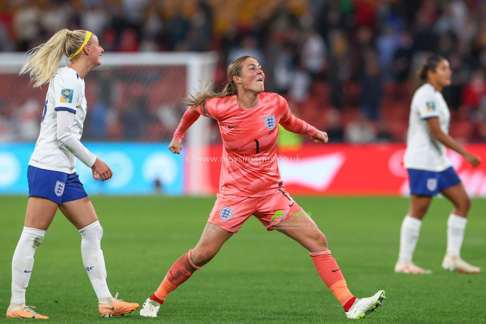 Mary Earps #1 of England celebrates her teams win after the FIFA Women's World Cup 2023 match England Women vs Nigeria Women at Suncorp Stadium, Brisbane, Australia, 7th August 2023

(Photo by Patrick Hoelscher/News Images)