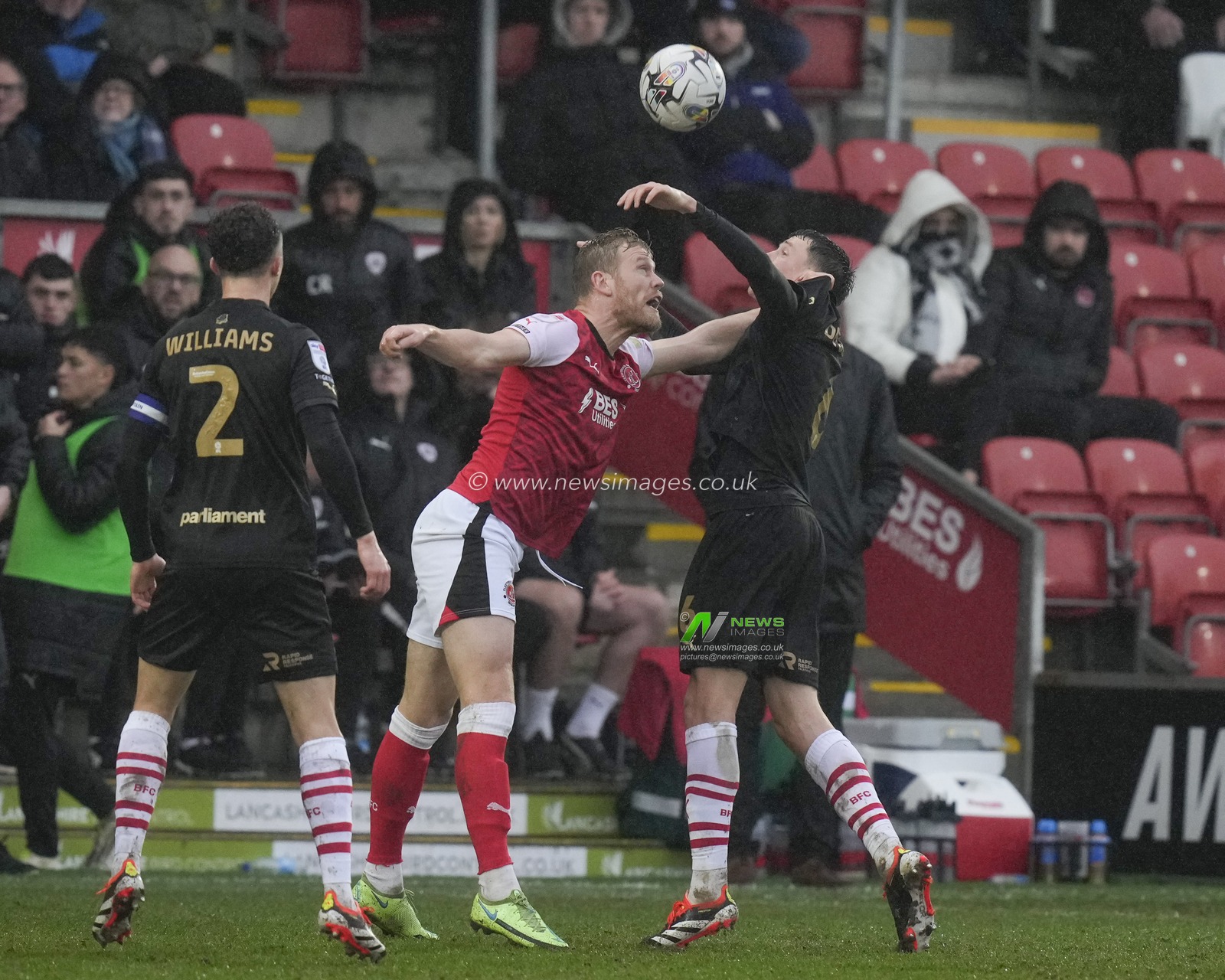 Jayden Stockley of Fleetwood Town competes for a header with MaÃ«l de Gevigney of Barnsley during the Sky Bet League 1 match Fleetwood Town vs Barnsley at Highbury Stadium, Fleetwood, United Kingdom, 17th February 2024

(Photo by Steve Flynn/News Images)