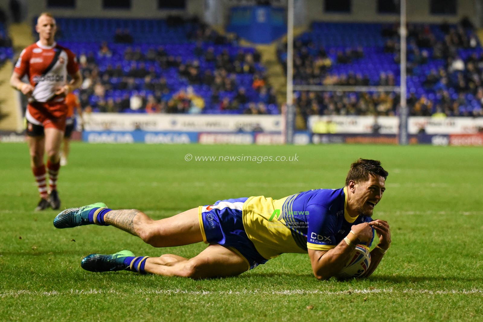 23rd January 2020, Halliwell Jones Stadium, Warrington, England; Rugby League Pre Season, Warrington Wolves v Salford Red Devils : Anthony Gelling (3) of Warrington Wolves goes over for a try