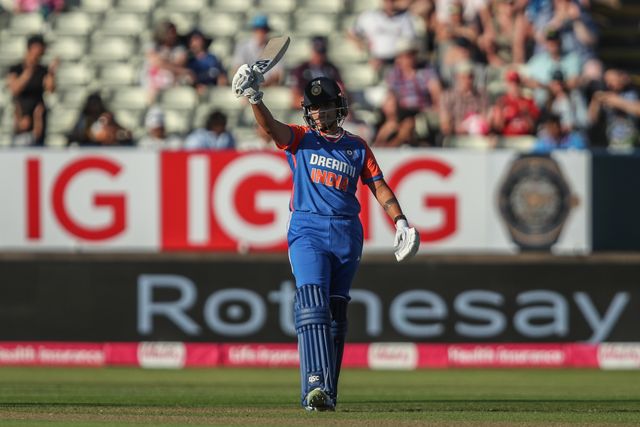 Shafali Verma of India celebrates a half century (50 runs) during the 5th Vitality IT20 England Women vs India Women at Edgbaston, Birmingham, United Kingdom, 12th July 2025

(Photo by Izzy Poles/News Images)