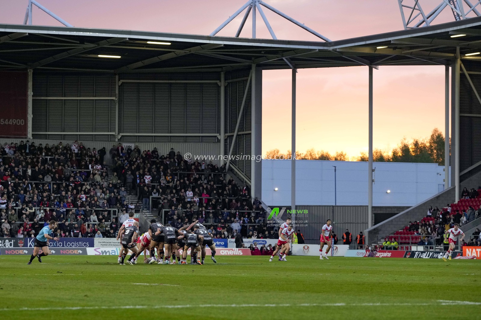 Sunset as a backdrop to the Betfred Super League  Round 8 match St Helens vs Hull FC at Totally Wicked Stadium, St Helens, United Kingdom, 19th April 2024

(Photo by Steve Flynn/News Images)