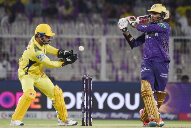 Kolkata Knight Riders'Sunil Narine plays a shot  and CSK Captain MS Dhoni Wicket keeping during the 2025 IPL match between Kolkata Knight Riders and Chennai Super Kings at Eden Gardens on May 07, 2025, in Kolkata, India. Photo by Debajyoti Chakraborty.(Photo: Debajyoti Chakraborty/News Images)