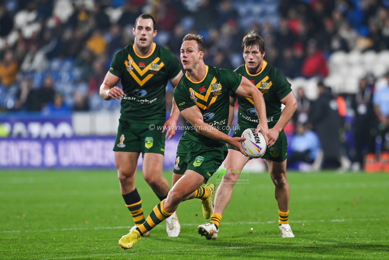 Daly Cherry-Evans of Australia makes a break during the Rugby League World Cup 2021 Quarter Final match Australia vs Lebanon at John Smith's Stadium, Huddersfield, United Kingdom, 4th November 2022

(Photo by Craig Thomas/News Images)