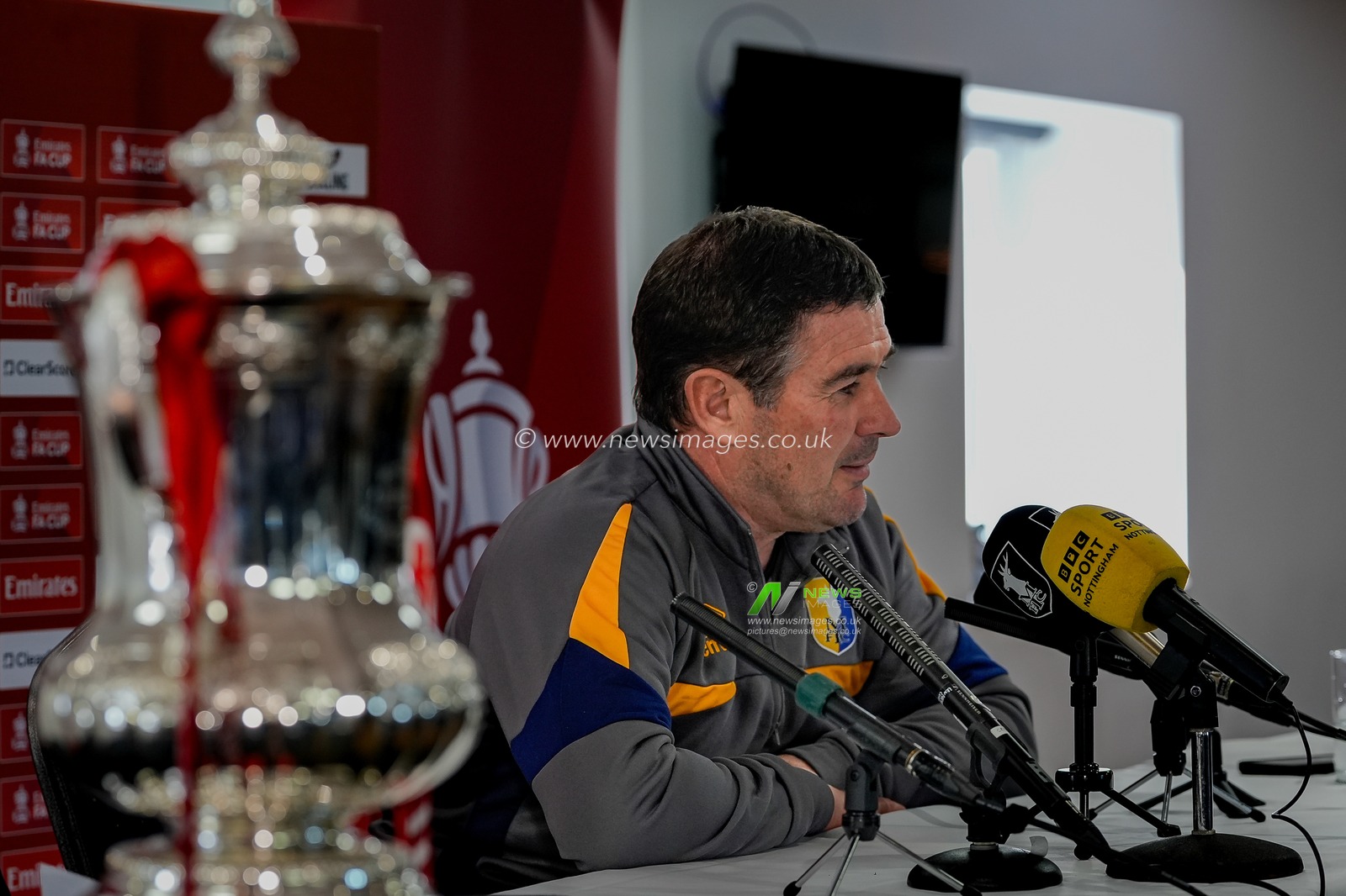 Mansfield Town manager Nigel Clough during the pre-match press conference for the FA Cup Fifth round match Mansfield v Arsenal to be played at One Call Stadium, Mansfield, United Kingdom on 07 March 2026

(Photo by Maynard Manyowa/News Images)