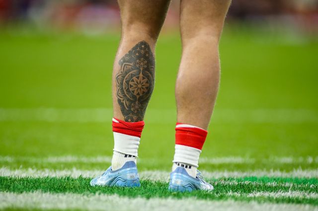 Nicky Smith of Wales shows off his leg tattoo during the Guinness Six Nations match Wales vs France at Principality Stadium, Cardiff, United Kingdom, 15th February 2026

(Photo by Andrew Lewis/News Images)