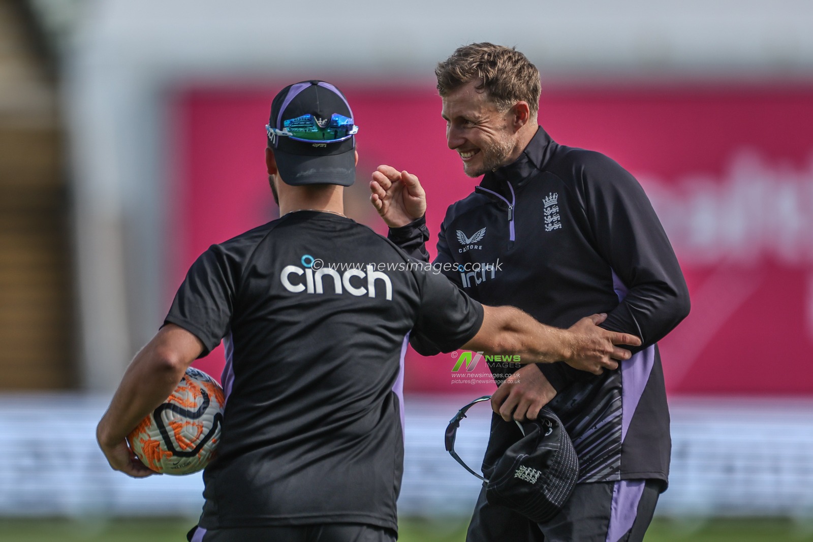 Joe Root of England and Ben Duckett of England with a football during the 3rd Rothesay Test Match Day One match England vs West Indies at Edgbaston, Birmingham, United Kingdom, 26th July 2024

(Photo by Mark Cosgrove/News Images)