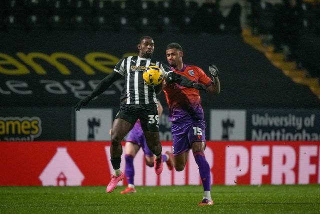 Lee Ndlovu of Notts County controls the ball in the air under challenge from Travis Akomeah of Gillingham during the Sky Bet League 2 match Notts County vs Gillingham at Meadow Lane, Nottingham, United Kingdom, 3rd February 2026

(Photo by Maynard Manyowa/News Images)