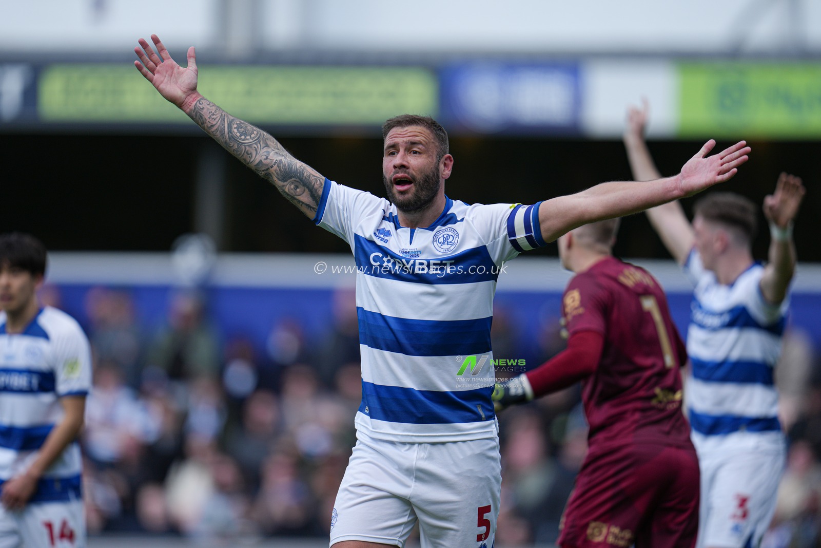 Steve Cook of Queens Park Rangers questions Leeds goal during the Sky Bet Championship match Queens Park Rangers vs Leeds United at Kiyan Prince Foundation Stadium, London, United Kingdom, 15th March 2025

(Photo by Harvey Murphy/News Images)