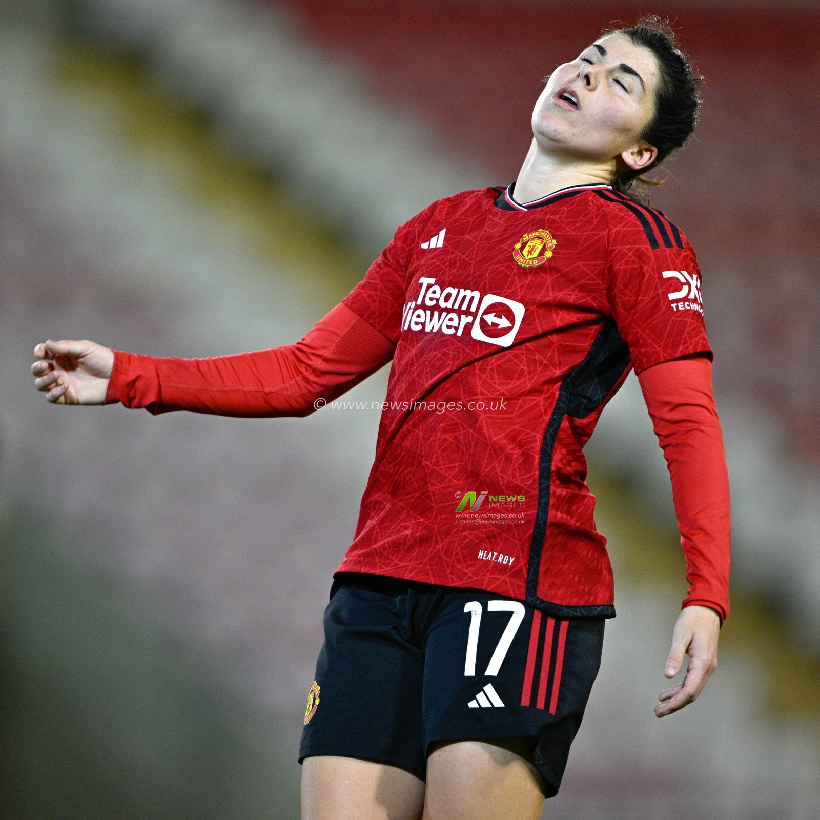LucÃ­a GarcÃ­a #17 of Manchester United Women reacts to an offside given against her, during the FA Women's League Cup Group B match Manchester United Women vs Leicester Women at Leigh Sports Village, Leigh, United Kingdom, 14th December 2023

(Photo by Cody Froggatt/News Images)