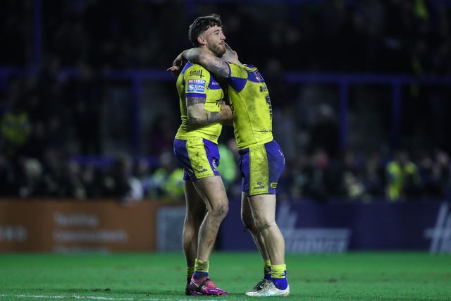 Matty Ashton of Warrington Wolves and Matt Dufty of Warrington Wolves embrace after the Betfred Super League Round 2 match Warrington Wolves vs Catalans Dragons at Luke Littler Stadium, Warrington, United Kingdom, 21st February 2025

(Photo by Gareth Evans/News Images)