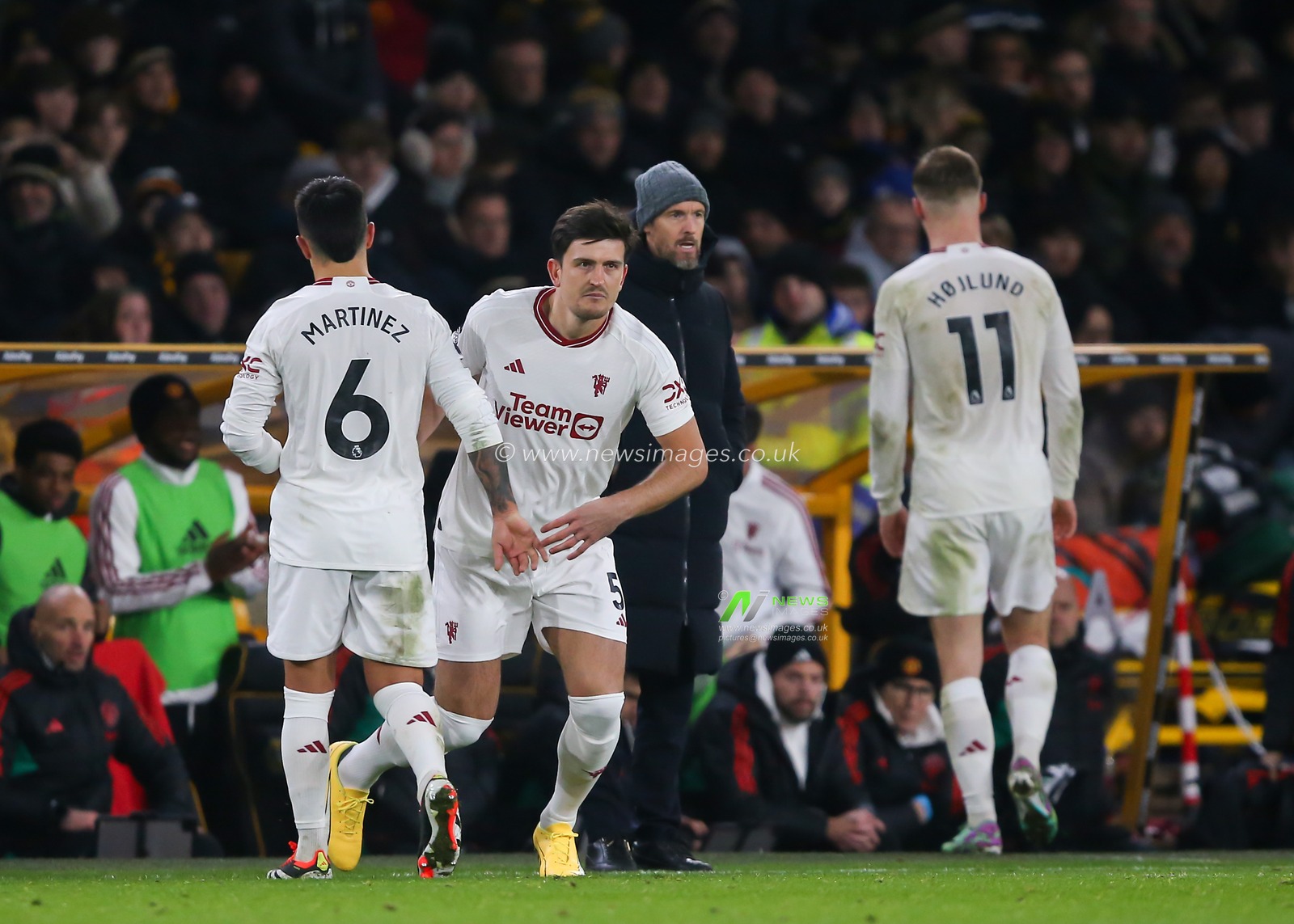 Harry Maguire of Manchester United is substituted onto the pitch, during the Premier League match Wolverhampton Wanderers vs Manchester United at Molineux, Wolverhampton, United Kingdom, 1st February 2024

(Photo by Gareth Evans/News Images)