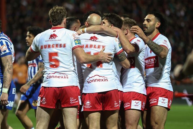 Mikey Lewis of Hull KR celebrates his try making the score 8-0 during the Betfred Super League round 6 match Hull KR vs St Helens at Sewell Group Craven Park, Hull, United Kingdom on 27 March 2026

(Photo by Alfie Cosgrove/News Images)