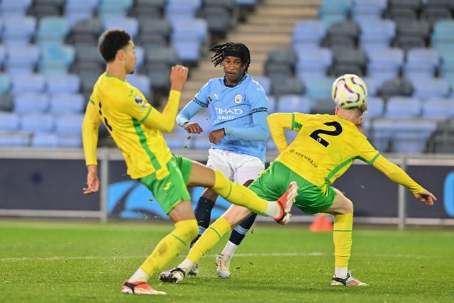 Reigan Heskey of Manchester City shoots towards goal during the Premier League 2 U23 match Manchester City vs Norwich City at Joie Stadium, Manchester, United Kingdom, 1st November 2024

(Photo by Cody Froggatt/News Images)
