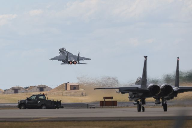 United States Air Force McDonnell Douglas, F-15 Eagle take off at RAF Lakenheath, Lakenheath, United Kingdom, 26th June 2025

(Photo by Mark Cosgrove/News Images)