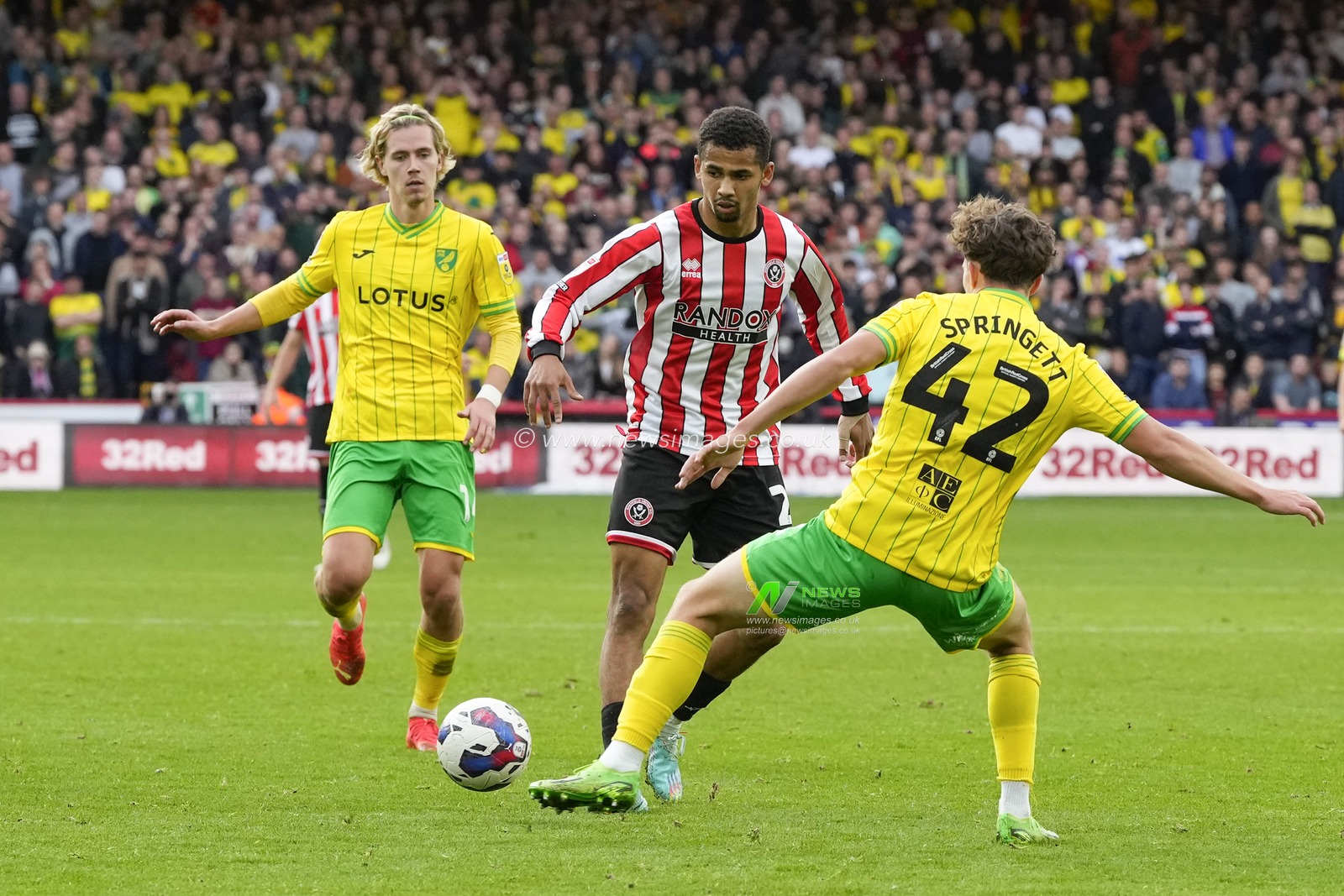 Iliman Ndiaye #29 of Sheffield United runs at Tony Springett #42 of Norwich City during the Sky Bet Championship match Sheffield United vs Norwich City at Bramall Lane, Sheffield, United Kingdom, 22nd October 2022

(Photo by Steve Flynn/News Images)