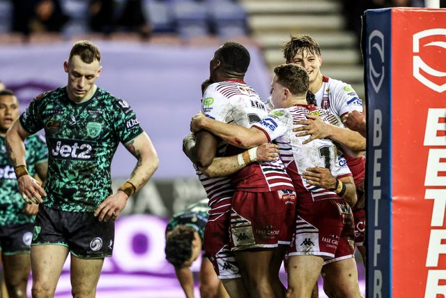 Harry Smith of Wigan Warriors celebrates his try during the Betfred Super League match Wigan Warriors vs Leigh Leopards at The Brick Community Stadium, Wigan, United Kingdom on 26 February 2026

(Photo by Alfie Cosgrove/News Images)