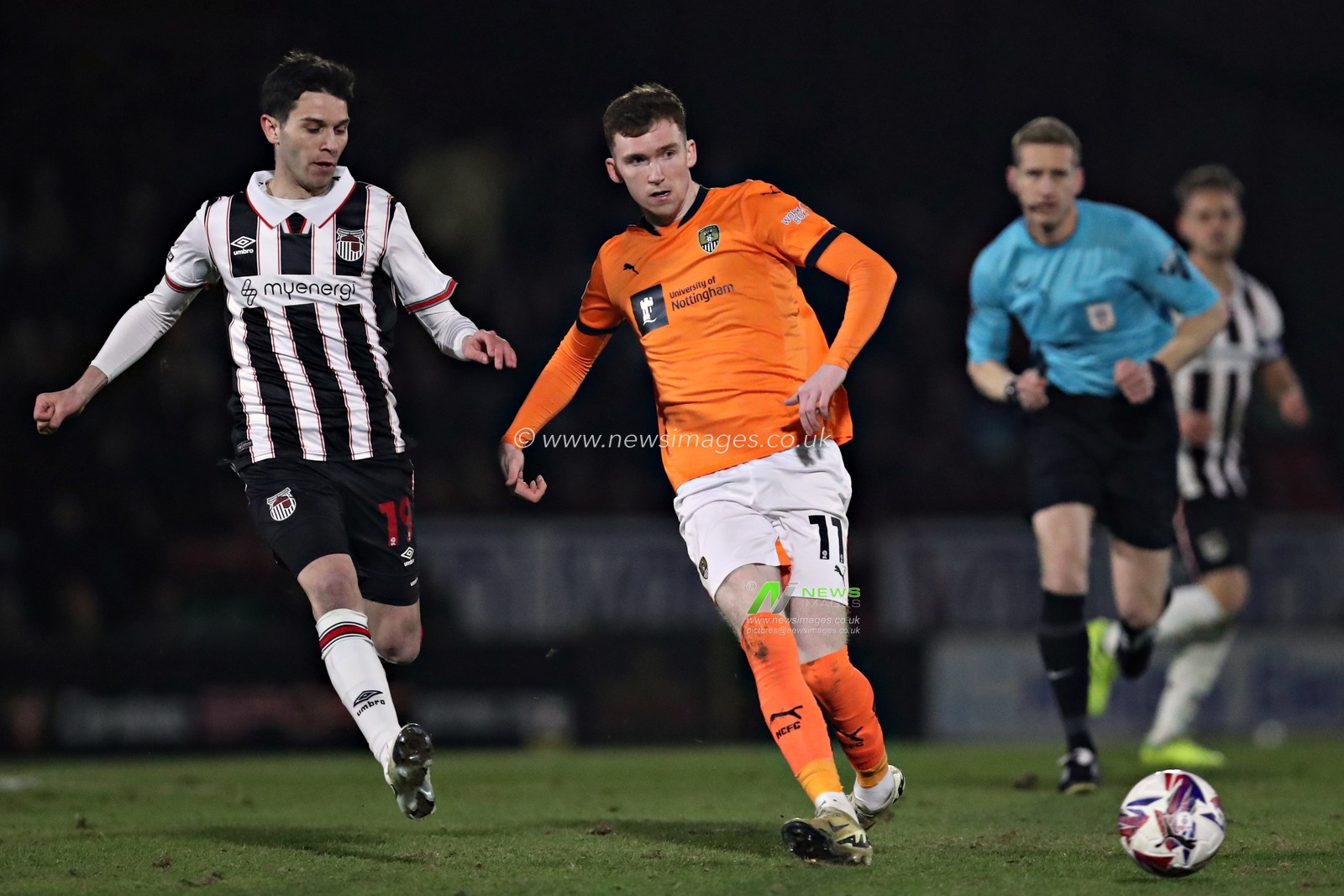 Conor Grant of Notts County is pressured by GÃ©za DÃ¡vid Turi of Grimsby Town during the Sky Bet League 2 match Grimsby Town vs Notts County at Blundell Park, Cleethorpes, United Kingdom, 11th March 2025

(Photo by Sam Eaden/News Images)