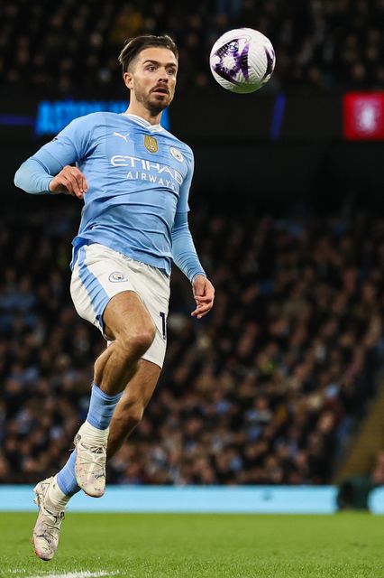 Jack Grealish of Manchester City controls the ball during the Premier League match Manchester City vs Aston Villa at Etihad Stadium, Manchester, United Kingdom, 3rd April 2024

(Photo by Mark Cosgrove/News Images)