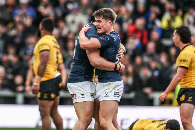 George Brown of Leeds Rhinos celebrates his try during the Betfred Super League round 4 match Leeds Rhinos vs Castleford Tigers at AMT Headingley Stadium, Leeds, United Kingdom on 08 March 2026

(Photo by Alfie Cosgrove/News Images)