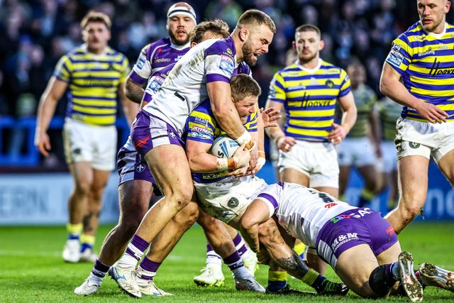 Luke Yates of Warrington Wolves is tackled by Isaiah Vagana of Wakefield Trinity during the Betfred Super League Round 3 match Warrington Wolves vs Wakefield Trinity at The Halliwell Jones Stadium, Warrington, United Kingdom on 28 February 2026

(Photo by Alfie Cosgrove/News Images)