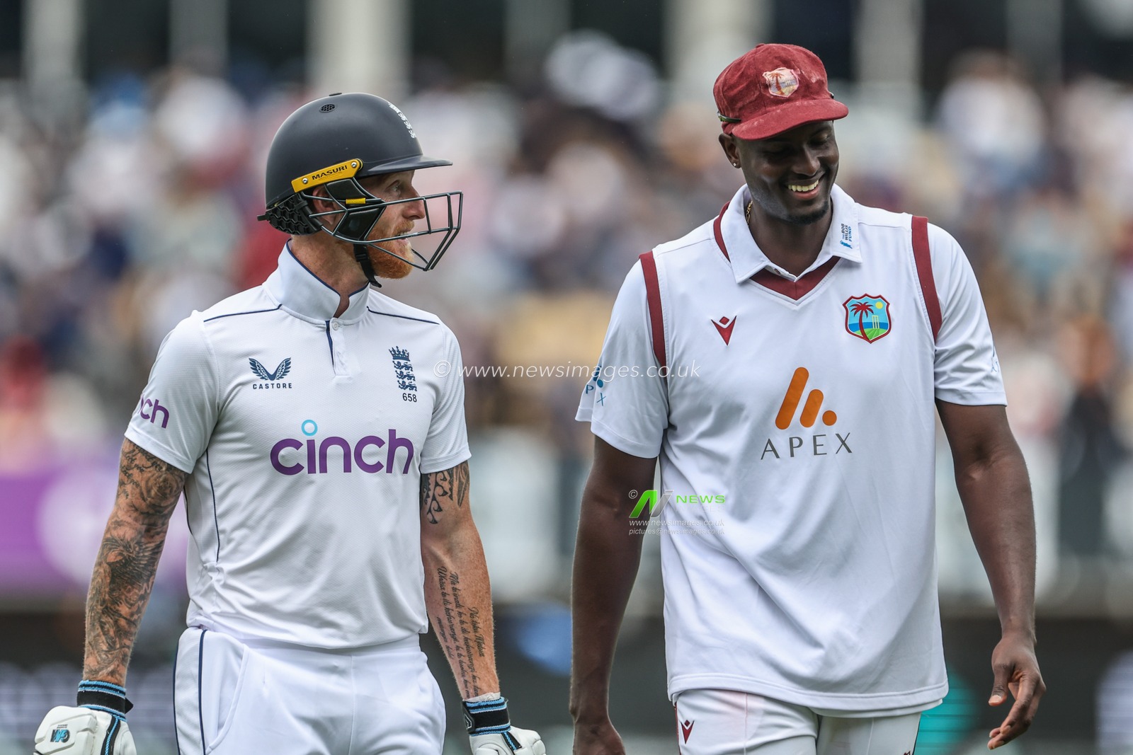 Ben Stokes of England speaks to Jason Holder of West Indies as they leave the field of play for lunch during Day Two of the Rothesay Test match England vs West Indies at Edgbaston, Birmingham, United Kingdom, 27th July 2024

(Photo by Mark Cosgrove/News Images)