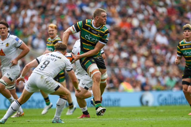 Alex Coles of Northampton Saints passes the ball during the Gallagher PREM Final match Northampton Saints vs Exeter Chiefs at Allianz Stadium, Twickenham, United Kingdom on 20 June 2026.

(Photo by Alex Williamson/News Images)