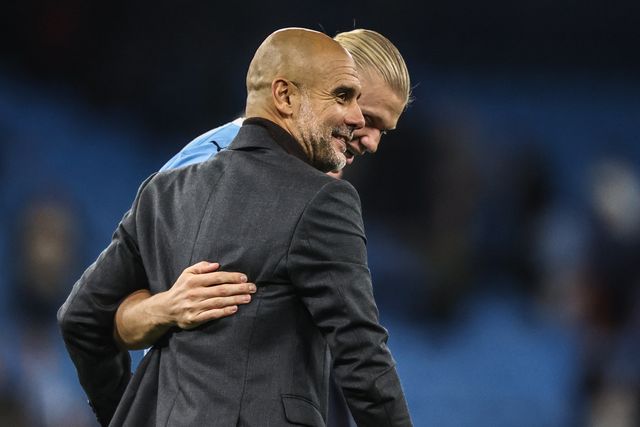 Erling Haaland of Manchester City and Pep Guardiola manager of Manchester City after the game during the UEFA Champions League 2025/26 Phase MD1 Manchester City vs Napoli League at The City of Manchester Stadium, Manchester, United Kingdom, 18th September 2025

(Photo by Alfie Cosgrove/News Images)