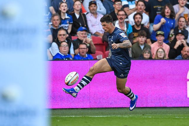 Louis Rees-Zammit of Bristol Bears kicks the ball while making a break during the Gallagher Premiership match Bristol Bears vs Bath at Ashton Gate, Bristol, United Kingdom on 29 May 2026

(Photo by Alex Williamson/News Images)
