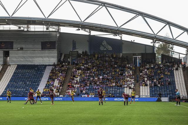 Warrington fans in the away end at Accu Stadium during the Betfred Super League Round 23 match Huddersfield Giants vs Warrington Wolves at Accu Stadium, Huddersfield, United Kingdom, 24th August 2025

(Photo by Alfie Cosgrove/News Images)