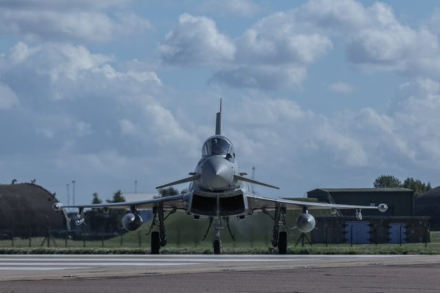 An Italian Air Force Eurofighter Typhoon FGR Mk4 taxies back to the pan during a flight training day at RAF Coningsby, Coningsby, United Kingdom, 22nd September 2025

(Photo by Mark Cosgrove/News Images)
