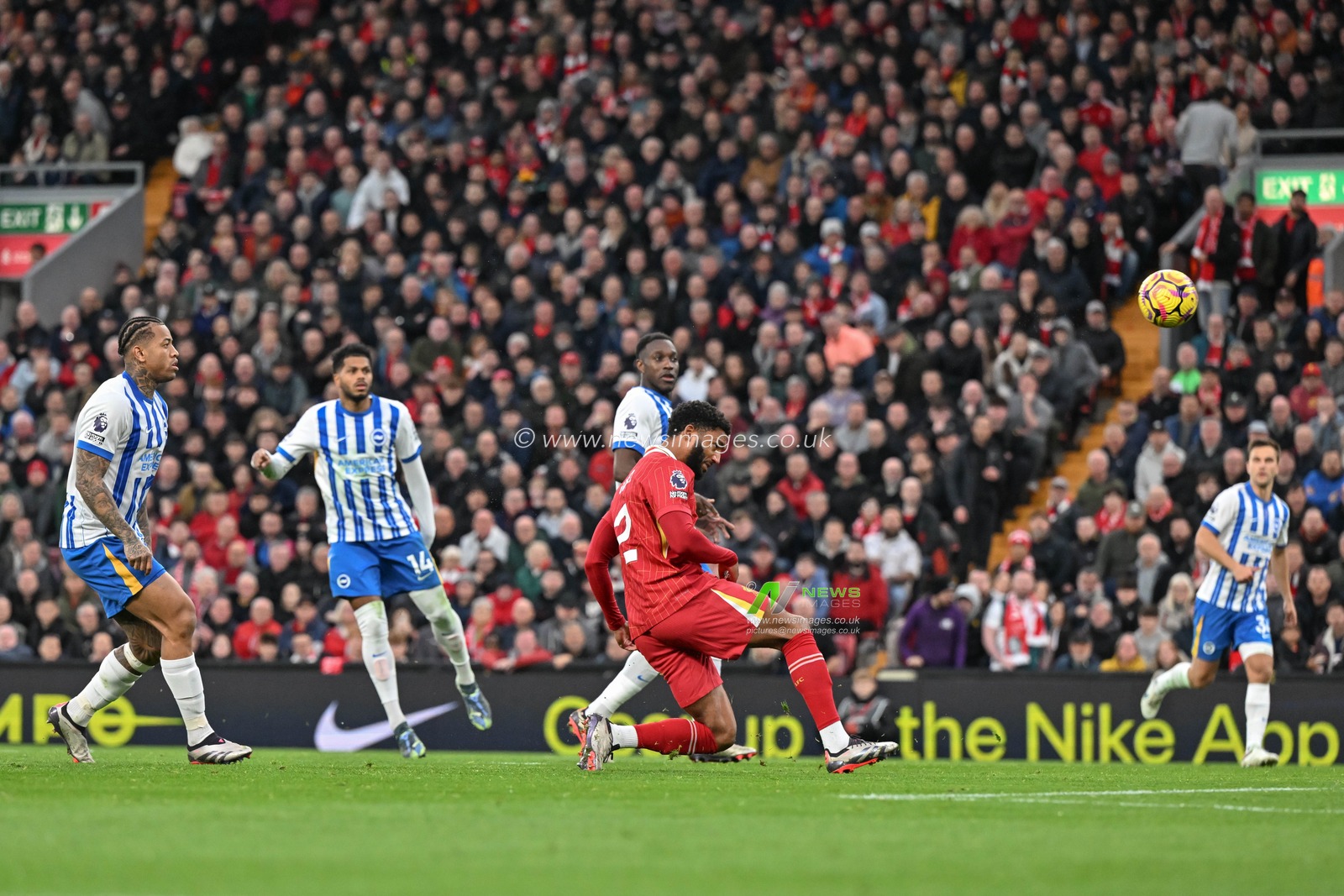Joe Gomez of Liverpool heads the ball towards goal during the Premier League match Liverpool vs Brighton and Hove Albion at Anfield, Liverpool, United Kingdom, 2nd November 2024

(Photo by Cody Froggatt/News Images)