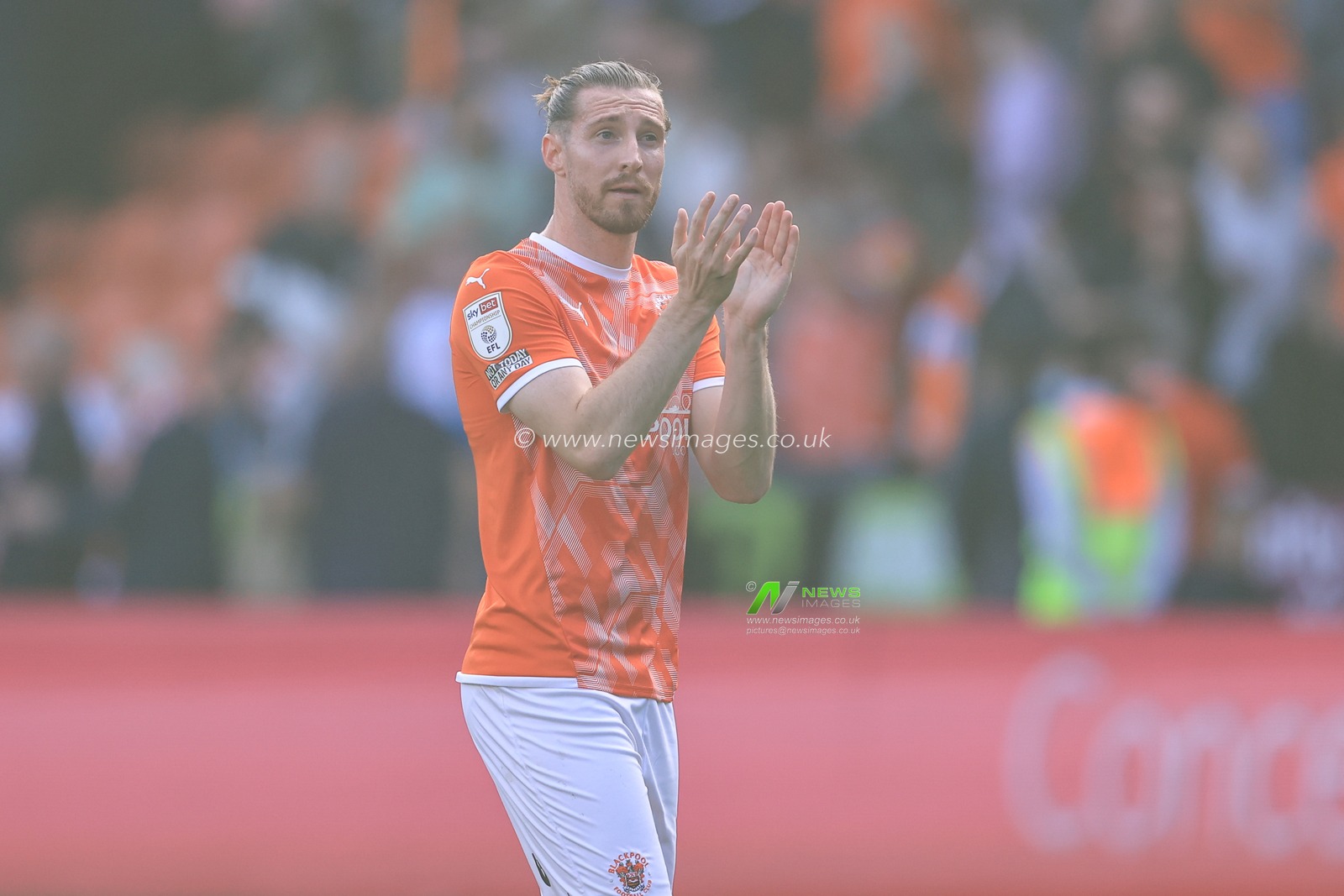 James Husband #3 of Blackpool applauds the Blackpool fans as they beat Barnsley 1-0