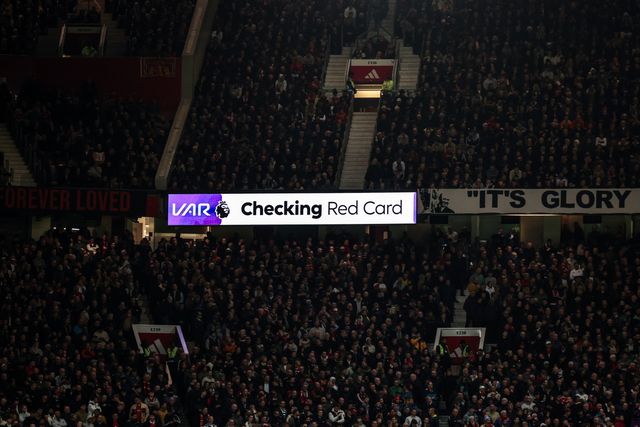 VAR check for a possible red card for Lisandro Martinez of Manchester United during the Premier League match Manchester United vs Leeds United at Old Trafford, Manchester, United Kingdom on 13 April 2026

(Photo by Mark Cosgrove/News Images)