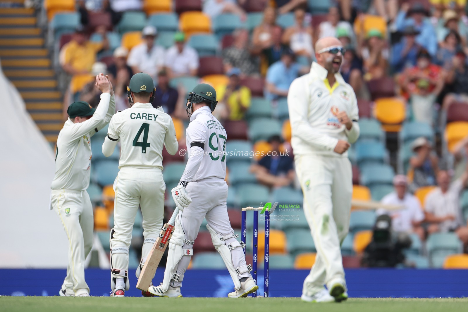 Nathan Lyon of Australia dismissed Kyle Verreynne (wk) of South Africa during the NRMA Insurance test Series match Australia vs South Africa at The Gabba, Brisbane Cricket Ground, Brisbane, Australia, 17th December 2022

(Photo by Patrick Hoelscher/News Images)