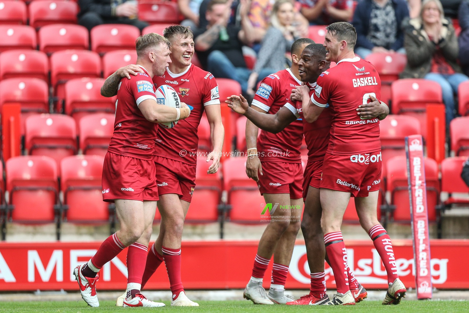 25th May 2019 , Anfield Stadium, Liverpool, England; Dacia Magic Weekend, Betfred Super League Round 16, Hull FC vs Huddersfield Giants ; Aaron Murphy (11) of Huddersfield Giants celebrates his try 

Credit: Mark Cosgrove/News Images