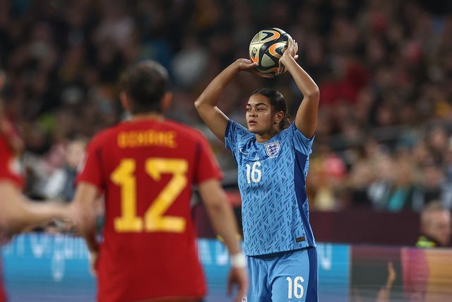Jess Carter #16 of England prepares to take a throw in during the FIFA Women's World Cup 2023 Final match Spain Women vs England Women at Stadium Australia, Sydney, Australia, 20th August 2023

(Photo by Patrick Hoelscher/News Images)