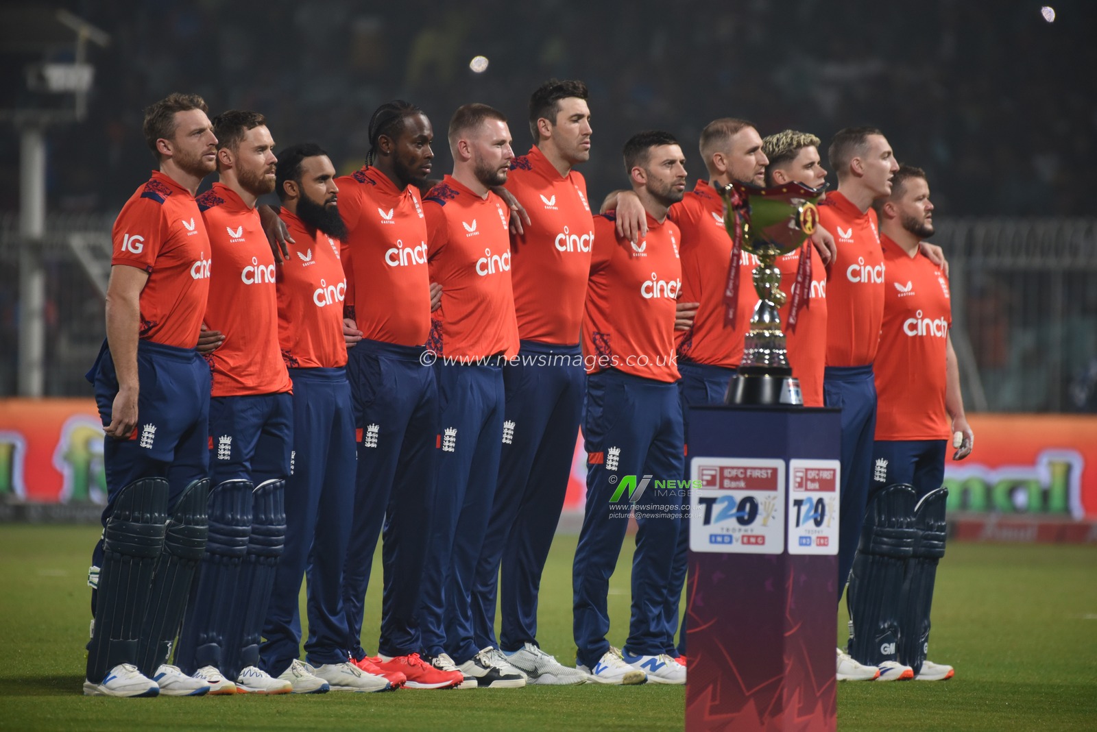 Jos Buttler captain of the England ( Left) with team national antheme  at   the 1st T20I between India and England at Eden Gardens on January 22, 2025, in Kolkata, India. Pictures by Debajyoti Chakraborty.(Photo: Debajyoti Chakraborty/News Images)