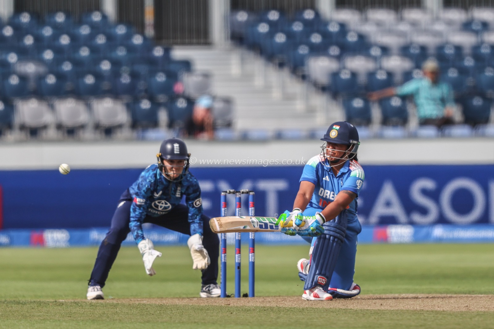 Richa Ghosh of India plays a shot during the 3rd Metro Bank One Day International England Women vs India Women at Banks Homes Riverside Stadium, Chester-le-street, United Kingdom, 22nd July 2025

(Photo by Alfie Cosgrove/News Images)