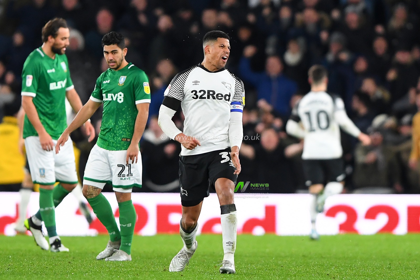 11th December 2019, Pride Park Stadium, Derby, England; Sky Bet Championship, Derby County v Sheffield Wednesday : Curtis Davies (33) of Derby County reacts after side scored an equalising goal

Credit: Jon Hobley/News Images