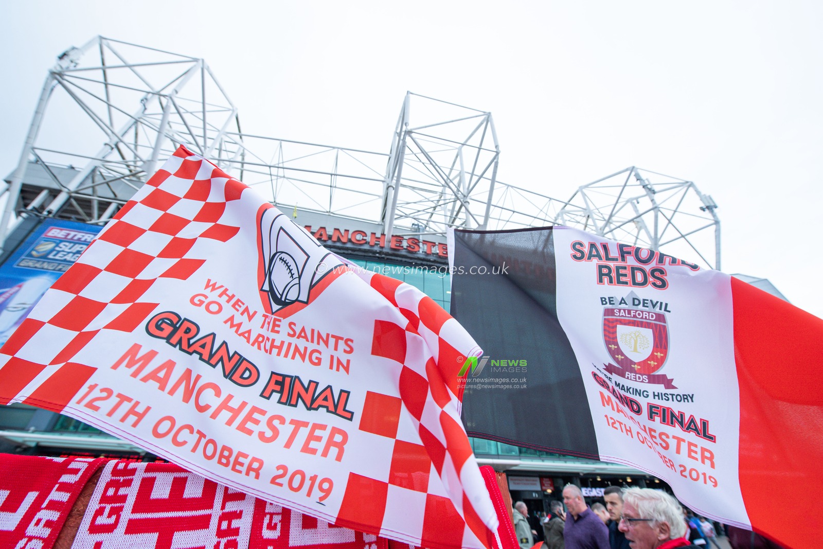 12th October 2019, Old Trafford, Manchester, England; The Grand Final 2019, Saint Helens v Salford Red Devils : St.Helens and Salford flags on show at Old Trafford

Credit: Craig Thomas/News Images