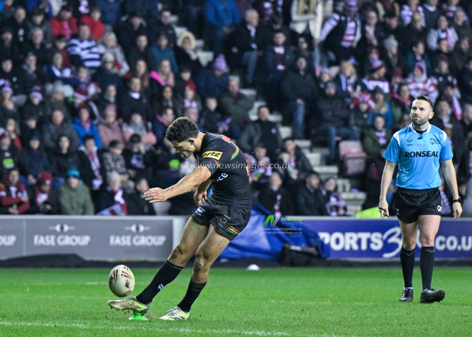 Nathan Cleary strikes his conversions to make it 10-12 Penrith Panthers, during the 2024 World Club Challenge match Wigan Warriors vs Penrith Panthers at DW Stadium, Wigan, United Kingdom, 24th February 2024

(Photo by Cody Froggatt/News Images)