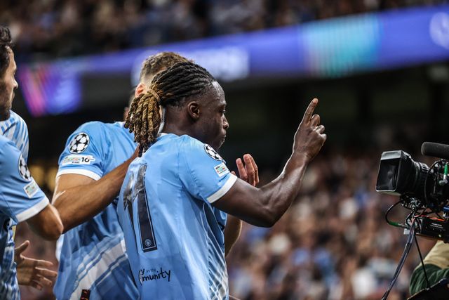 Jeremy Doku of Manchester City celebrates his goal to make it 2-0 during the UEFA Champions League 2025/26 Phase MD1 Manchester City vs Napoli League at The City of Manchester Stadium, Manchester, United Kingdom, 18th September 2025

(Photo by Alfie Cosgrove/News Images)