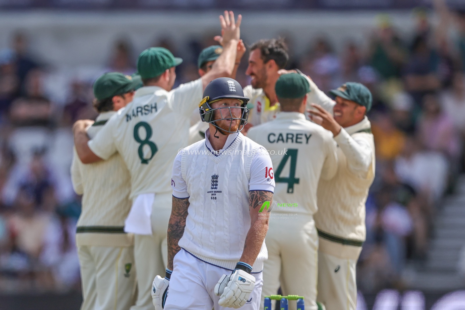 Ben Stokes of England leaves the field of play after he is caught out behind the stumps by Alex Carey of Australia during the LV= Insurance Ashes Third Test Series Day 4 England vs Australia at Headingley Stadium, Leeds, United Kingdom, 9th July 2023

(Photo by Mark Cosgrove/News Images)