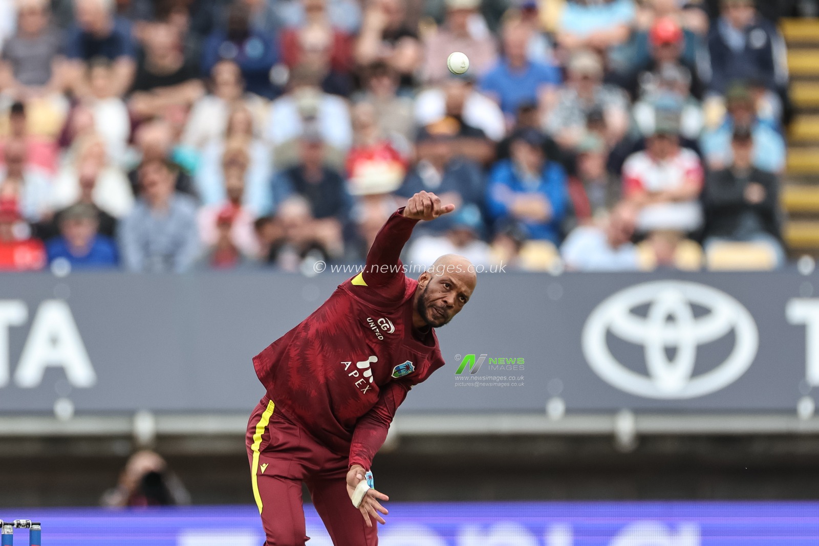 Roston Chase of West Indies delivers the ball during the 1st Metro Bank ODI England vs West Indies at Edgbaston, Birmingham, United Kingdom, 29th May 2025

(Photo by Mark Cosgrove/News Images)